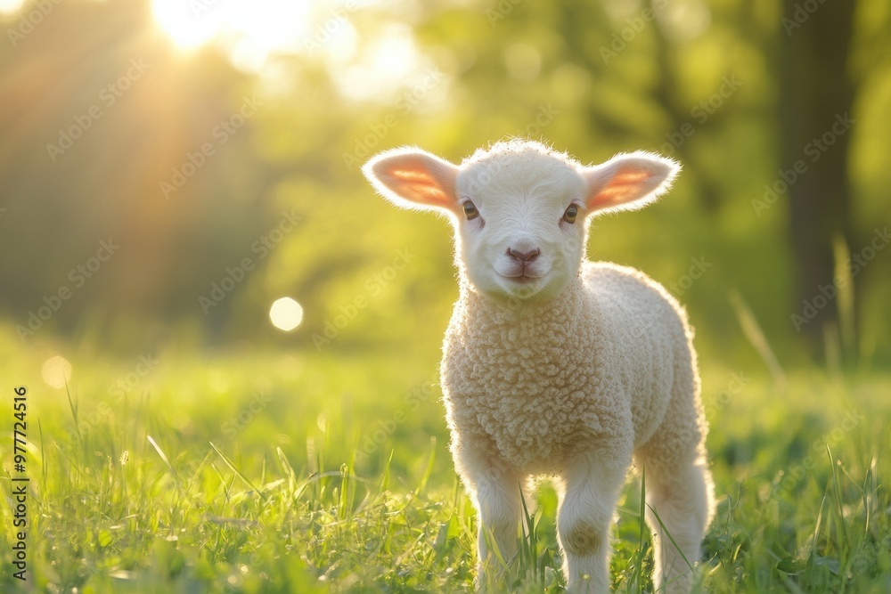 Cute young lamb standing in a sunlit field Cute young lamb standing in a sunlit field
