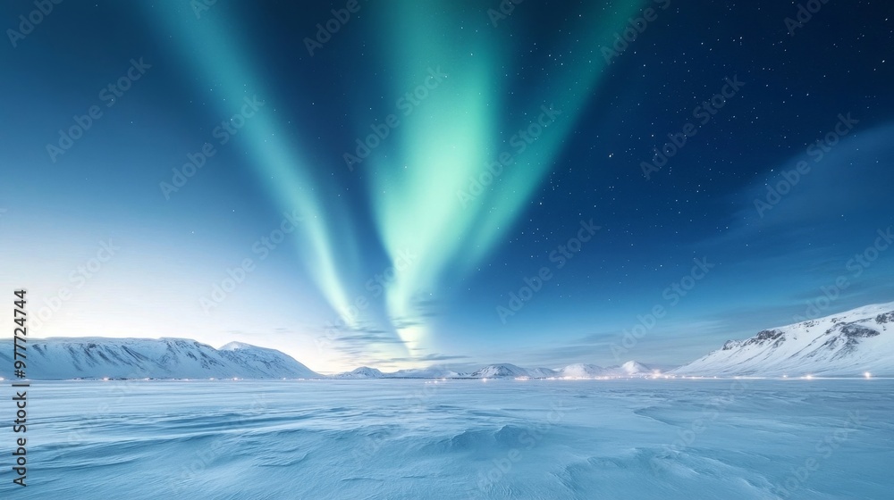 South Pole, night sky ablaze with aurora, icy wilderness.