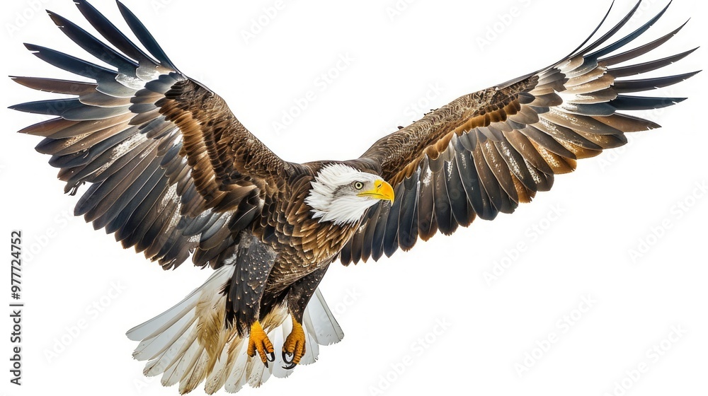 Obraz premium Eagle in flight, full-body shot, against a white background. Photorealistic, high-resolution image. 