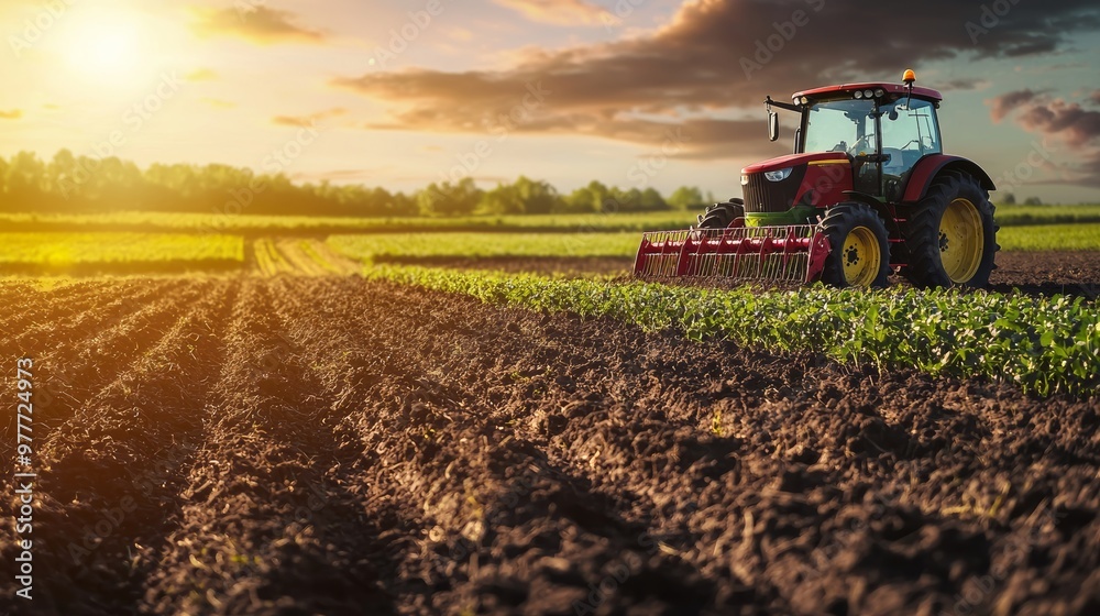 Obraz premium Tractor working in a field at sunset.