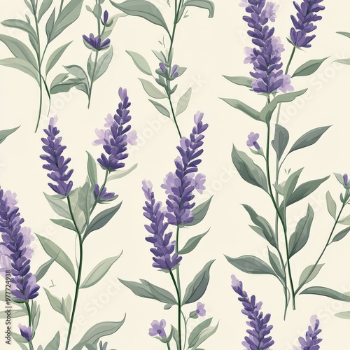 Beautiful lavender flower pattern with soft purples and greens, botanical style