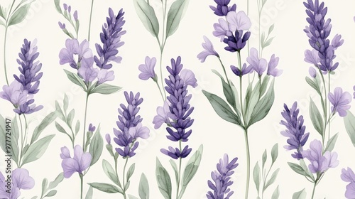 Beautiful lavender flower pattern with soft purples and greens, botanical style