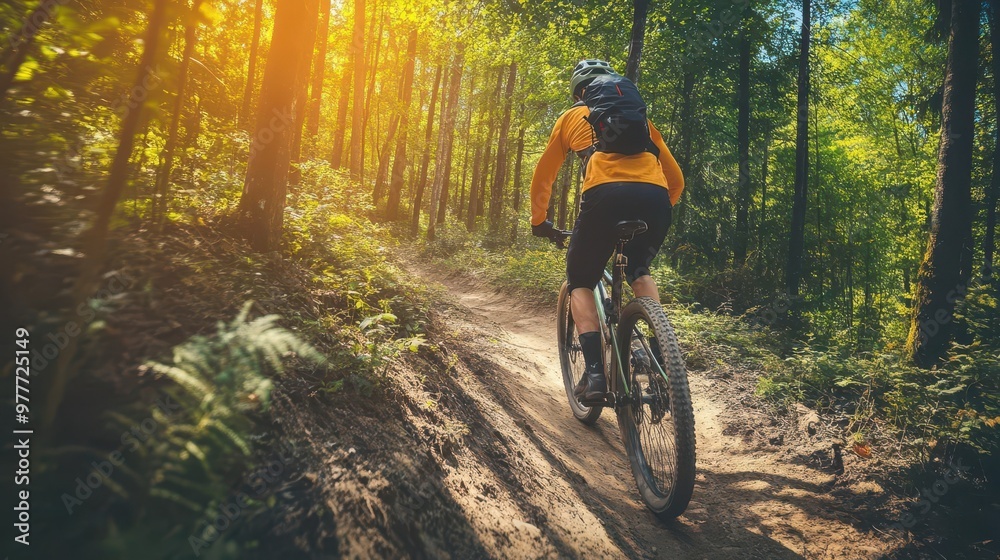 Fototapeta premium adventurous man mountain biking on rugged forest trail showcasing extreme sports and outdoor recreation action photography