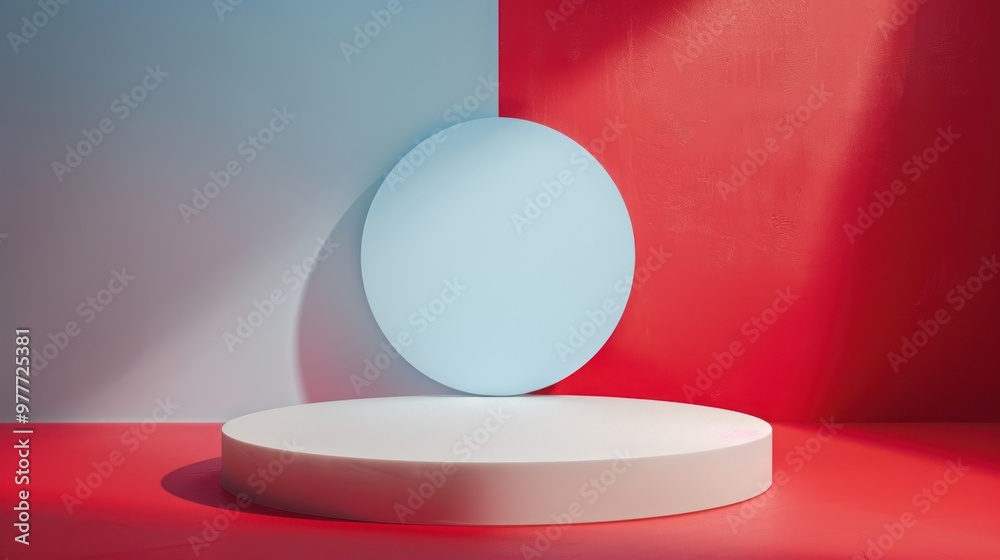 circular white podium on a red background for cosmetic product presentation and promotion circular white podium on a red background for cosmetic product presentation and promotion