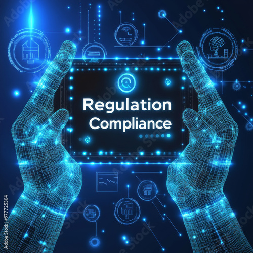 Regulation Compliance  financial oversight technology concept on a virtual display. Compliance rules icon within wireframe hands. RegTech. Legal regulatory policy. Vector graphic. photo