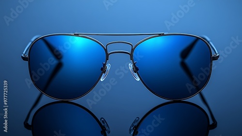 Blue mirrored aviator sunglasses on a blue background.