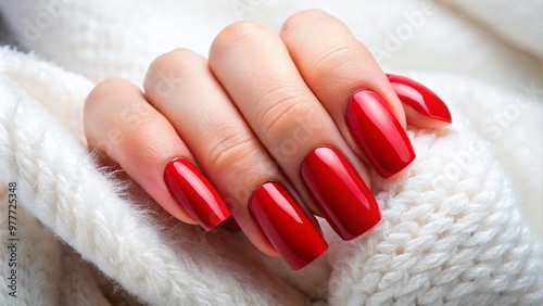 Vibrant red nail polish adorns perfectly manicured fingernails, forming a striking contrast against a crisp white photo