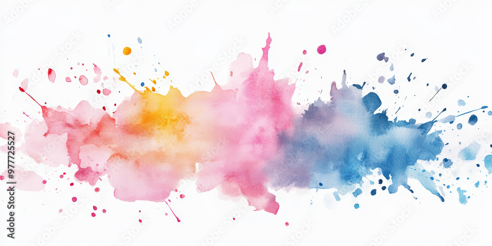 A vibrant splash of watercolor paint in hues of yellow, pink, and blue, creating an abstract and artistic pattern on a white background.
