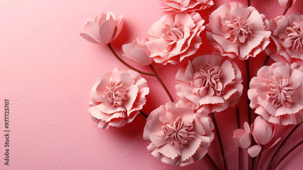 Carnation bouquet on pastel pink background with copy space. 3D illustration concept for birthday holiday greetings card. Wide angle format banner.