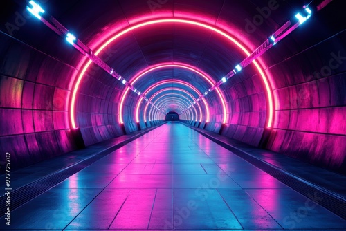 A vibrant tunnel illuminated by glowing neon lights, creating an immersive and futuristic atmosphere for the viewer.