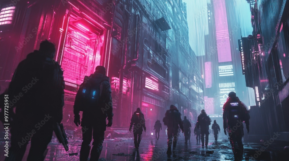Silhouetted Figures Walking Through a Neon-Lit Cyberpunk Cityscape Silhouetted Figures Walking Through a Neon-Lit Cyberpunk Cityscape