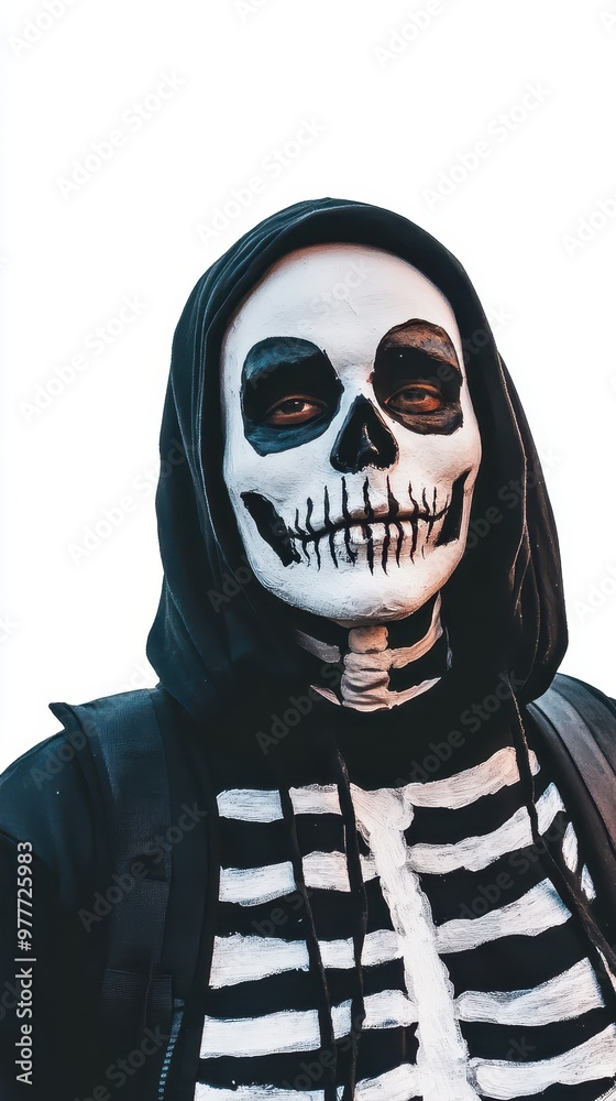 A spooky skeleton with face paint poses in a black hoodie, ready for Halloween celebrations A spooky skeleton with face paint poses in a black hoodie, ready for Halloween celebrations