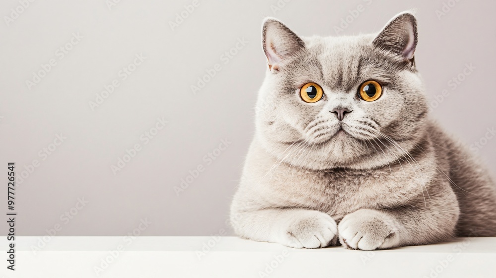 A fluffy British Shorthair cat lounging on a light solid color background, showcasing its round face and large eyes A fluffy British Shorthair cat lounging on a light solid color background, showcasing its round face and large eyes