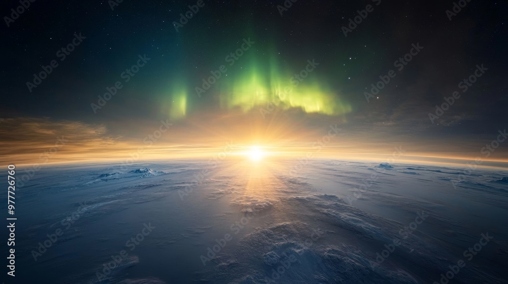 Southern Hemisphere, aurora over Antarctic ice sheet, cold night. Southern Hemisphere, aurora over Antarctic ice sheet, cold night.