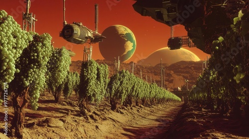 antigravity vineyard on a terraformed mars floating grapevines and zerog wine production facility with earth visible in the red sky photo