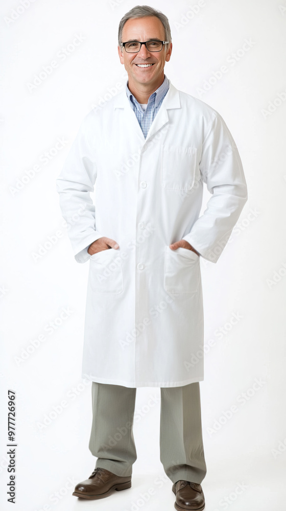 A kind and smiling scientist professor wearing glasses and a white lab coat, captured in a full-length portrait photo A kind and smiling scientist professor wearing glasses and a white lab coat, captured in a full-length portrait photo