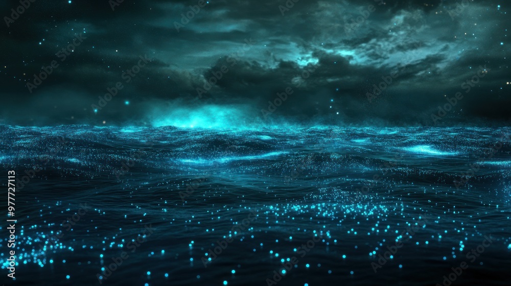 Fototapeta premium Bioluminescent Ocean Waves Under a Starry Sky
