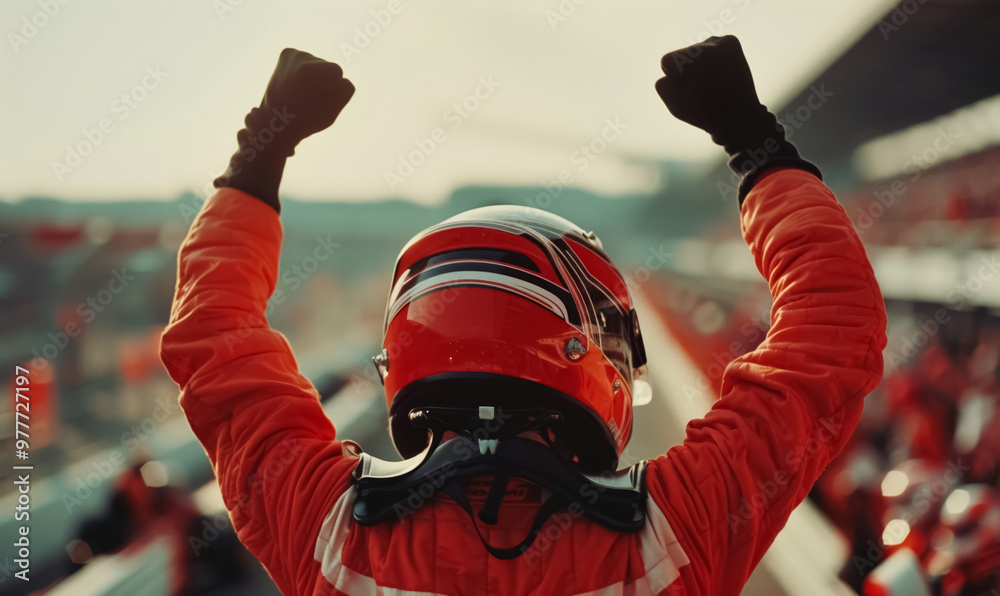 professional formula 1 racing driver pilot in red uniform and helmet ...