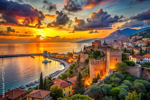 Vibrant sunset casts a warm glow over historic Alanya's scenic coastline, showcasing majestic medieval fortress, photo