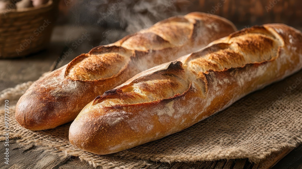 artisanal french baguette with a goldenbrown crust and perfect scoring arranged on a rustic wooden surface steam rises from the freshly baked loaf emphasizing its warmth and aroma artisanal french baguette with a goldenbrown crust and perfect scoring arranged on a rustic wooden surface steam rises from the freshly baked loaf emphasizing its warmth and aroma