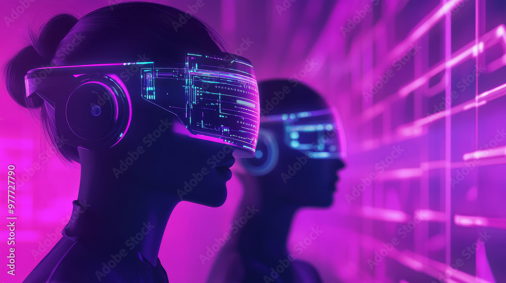 Robotic figures, male and female, with artificial intelligence engaging with a virtual interface in a cybernetic environment. Machine learning. AI managing global business operations. Futuristic 3D Robotic figures, male and female, with artificial intelligence engaging with a virtual interface in a cybernetic environment. Machine learning. AI managing global business operations. Futuristic 3D