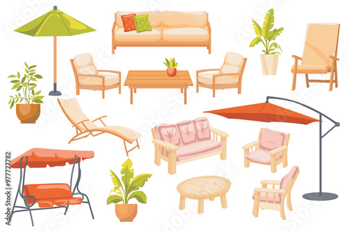 Outdoor furniture set elements in flat graphic design. Bundle objects of backyard wooden sofas with pillows, umbrella, armchairs and table, plants in pots, swing canopy and other. Vector illustration.