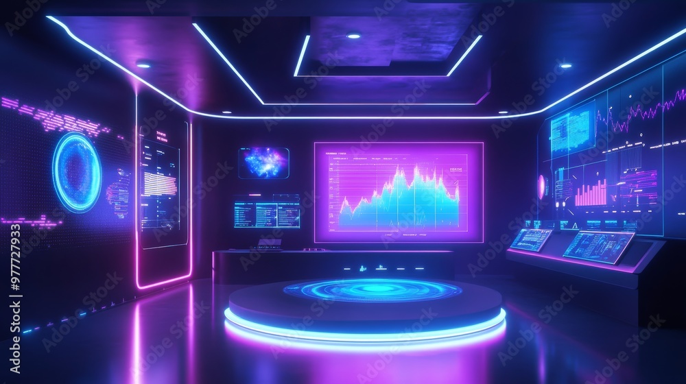 Futuristic Tech Room with Neon Lights and Data Displays. Futuristic Tech Room with Neon Lights and Data Displays.