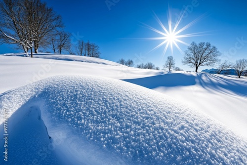 Winter nature landscape with fresh snowfall blanketing a hillside, untouched and pristine under the afternoon sun photo