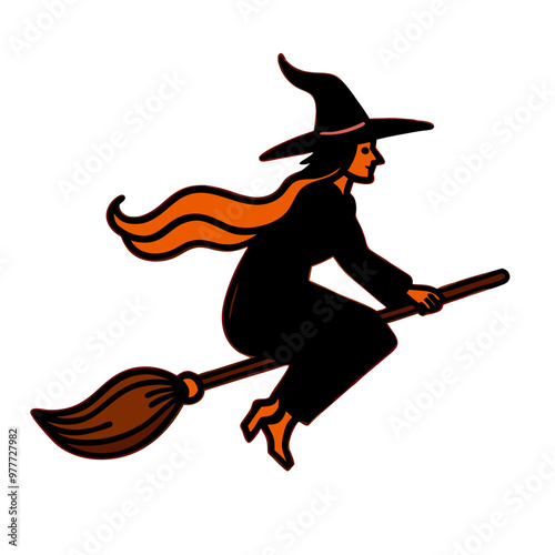 A witch is flying on a broomstick. The image is in black and white and has a spooky mood