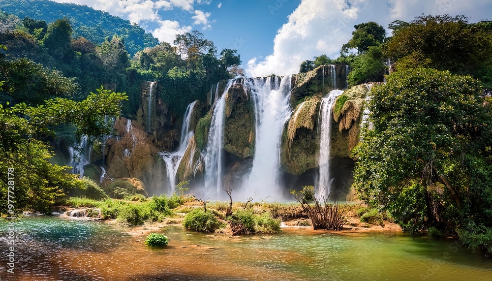 Fototapeta premium Majestic Waterfall in Lush Tropical Rainforest with Blue Sky and White Clouds