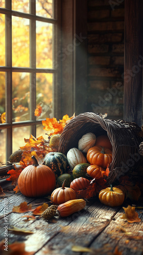 Thanksgiving cornucopia filled with pumpkins, gourds, and autumn fruits photo