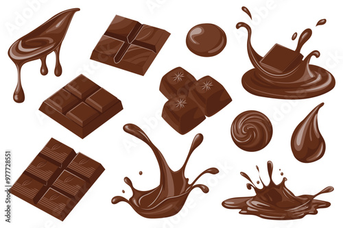 Chocolate set elements in flat graphic design. Bundle objects of sweet brown cocoa melting, chopped dark chocolate bars, candy, droplets, flowing streams, liquid cream splashes. Vector illustration.