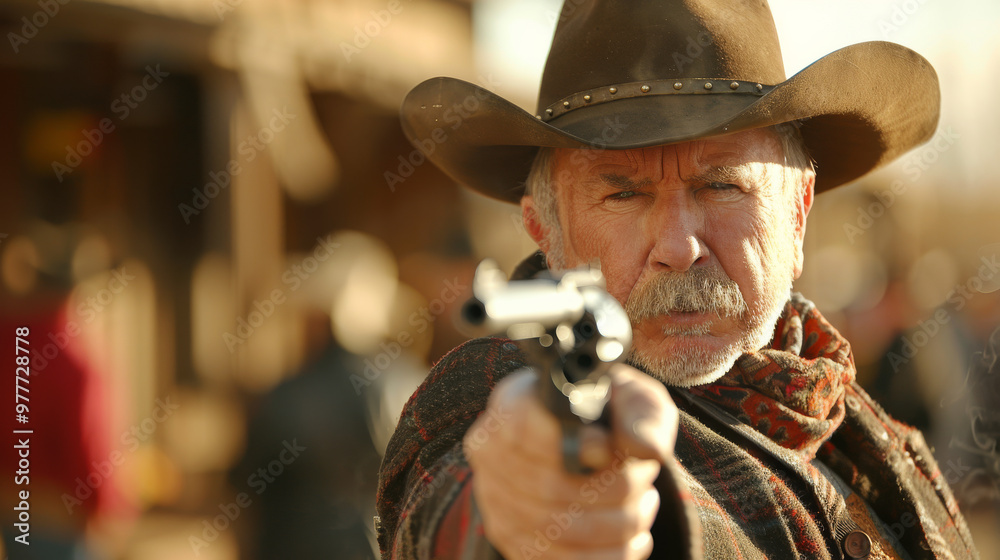 A cowboy in a hat and with a pistol in his hands. A cowboy takes aim with a revolver during a duel. A cowboy in a hat and with a pistol in his hands. A cowboy takes aim with a revolver during a duel.
