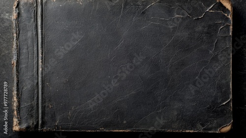 An old, weathered book cover with darkened leather, worn corners, and distressed textures, layered with grunge scratches and faded text