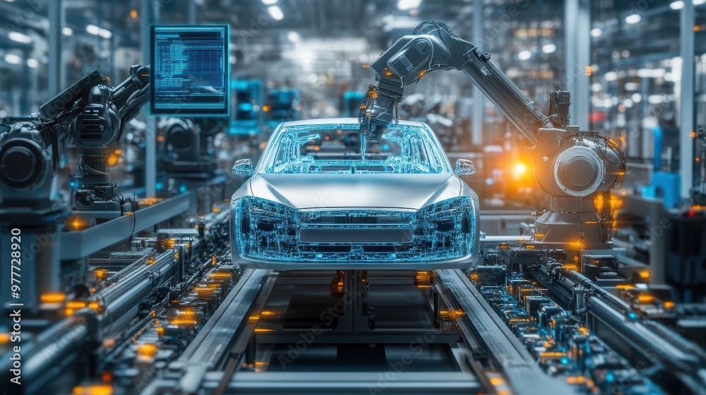 automotive precision robotic arms assemble sleek electric vehicles on hightech production line holographic displays monitor progress futuristic factory setting
