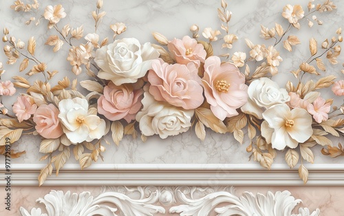 An ornate collage of Baroque French patterns, mixed with antique wallpaper textures and soft pastel hues, evoking the grandeur of 18th-century France