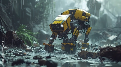 Rescue Robot: A rugged robot navigating through disaster debris, searching for survivors and providing assistance. 