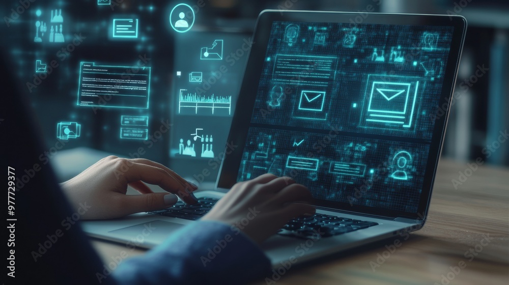 Woman Using Laptop with Holographic Interface. Woman Using Laptop with Holographic Interface.