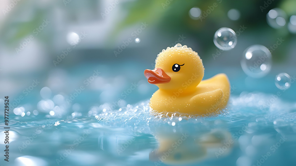 Yellow Rubber Duck in Blue Water with Bubbles - Illustration Yellow Rubber Duck in Blue Water with Bubbles - Illustration