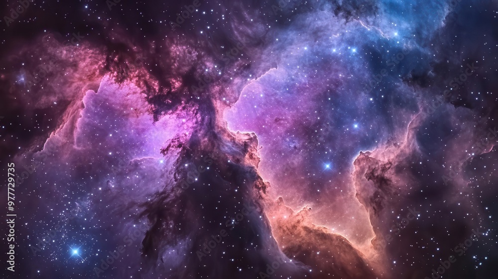 aweinspiring view of a vibrant nebula in deep space swirling clouds of purple and blue cosmic dust interspersed with brilliant stars creating a mesmerizing celestial tapestry