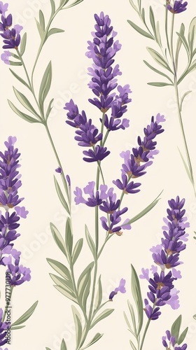 Beautiful lavender flower pattern with soft purples and greens, botanical style