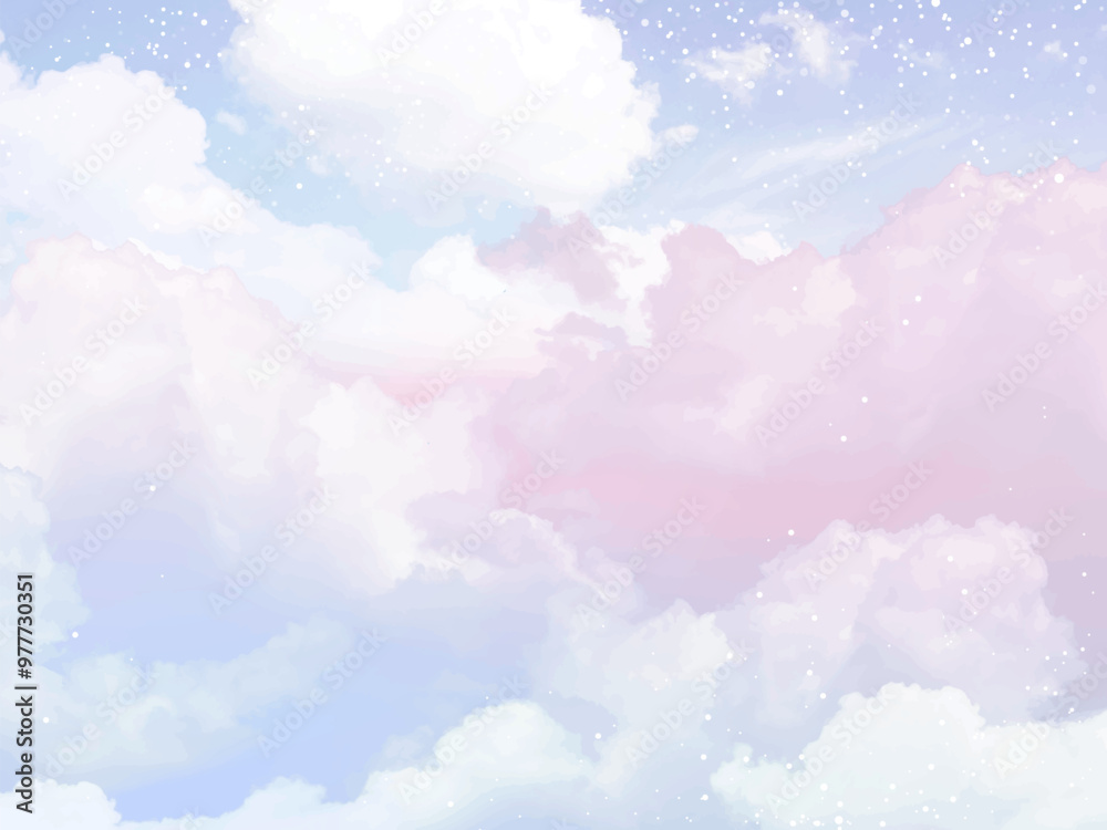 Sugar cotton pink clouds vector design background. Glamour fairytale backdrop. Plane sky view with stars and sunset. Watercolor style texture. Delicate card. Elegant decoration. Fantasy pastel color Sugar cotton pink clouds vector design background. Glamour fairytale backdrop. Plane sky view with stars and sunset. Watercolor style texture. Delicate card. Elegant decoration. Fantasy pastel color