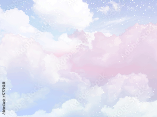 Sugar cotton pink clouds vector design background. Glamour fairytale backdrop. Plane sky view with stars and sunset. Watercolor style texture. Delicate card. Elegant decoration. Fantasy pastel color