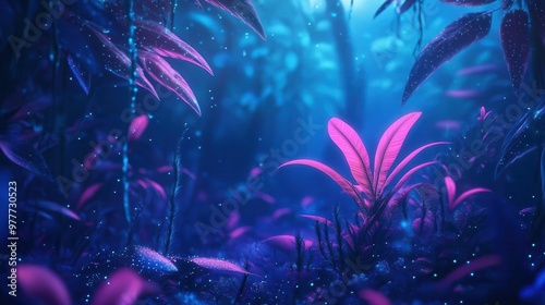 bioluminescent rainforest with neoninfused plant life ethereal glow illuminating a misty tropical scene with fantastical flora and floating spores