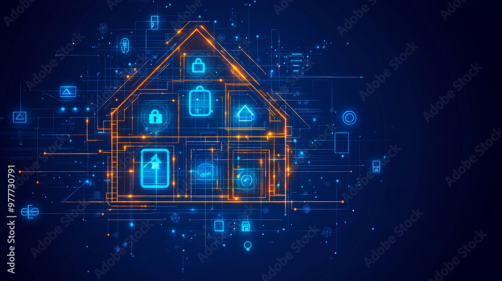 Connected home with IoT isometric concept. IOT technology in residential automation design. Mobile device for wireless management of home appliances through the internet. Securing home infrastructure. Connected home with IoT isometric concept. IOT technology in residential automation design. Mobile device for wireless management of home appliances through the internet. Securing home infrastructure.