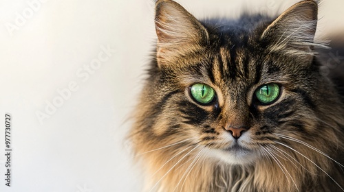 A close-up portrait of a Cymric cat with captivating green eyes, showcasing its thick fur and distinctive features, against a light solid color background