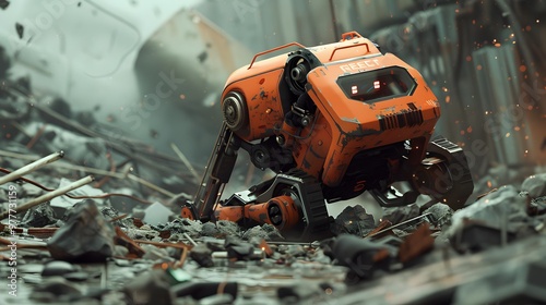 Rescue Robot: A rugged robot navigating through disaster debris, searching for survivors and providing assistance. 