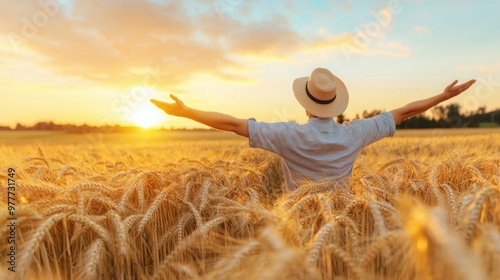 A person enjoys a serene sunset over a golden wheat field, embodying freedom and connection to nature.