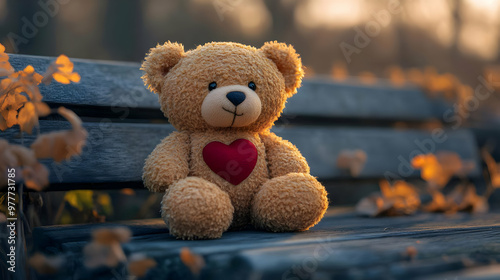 Teddy Bear With Heart on Bench Photo