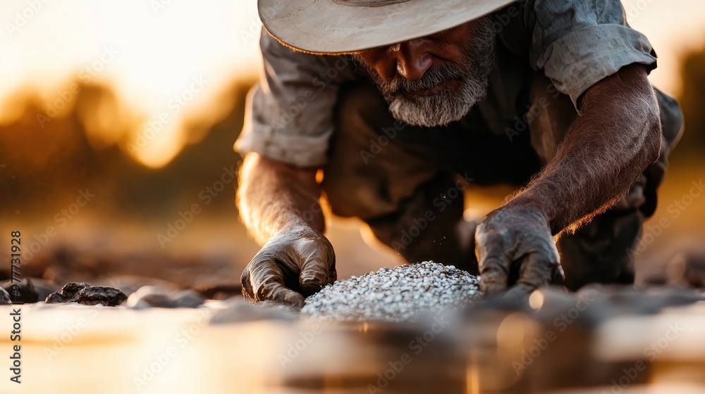 An elderly man, with a bushy gray beard and wide-brimmed hat, is seen gathering pebbles by the waterside at dusk, captured in a gentle, reflective moment. An elderly man, with a bushy gray beard and wide-brimmed hat, is seen gathering pebbles by the waterside at dusk, captured in a gentle, reflective moment.